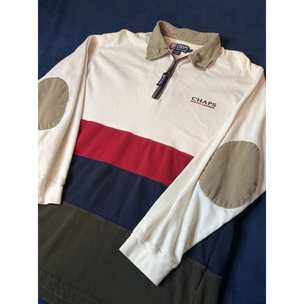 Vtg 90 Chaps Ralph Lauren Tri Color Rugby Polo Longsleeve Sz M 100% Cotton